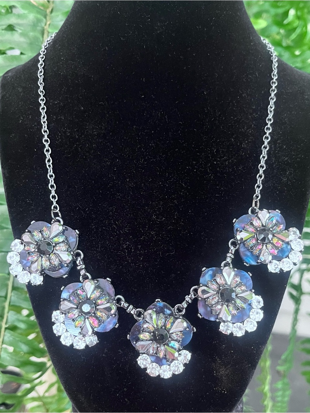 Vintage-Style Blue Iridescent Rhinestone Floral Statement Necklace
